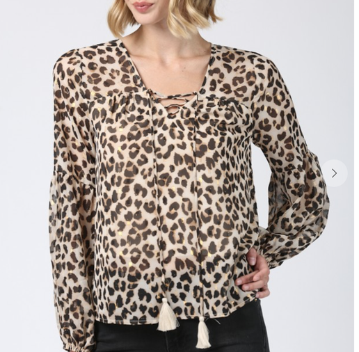 Metallic Leopard Print Lace- Up Blouse